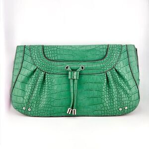 Nine West Emerald Green Crocodile-Embossed Leather Clutch with Silver Hardware